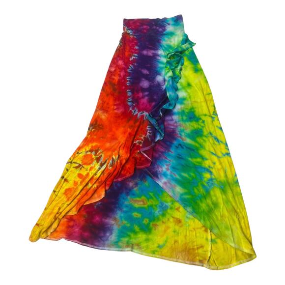 LOCK & LOVE Skirt M Rainbow Tie-Dye Wrap Maxi Ruffle Adjustable Boho - Picture 1 of 7